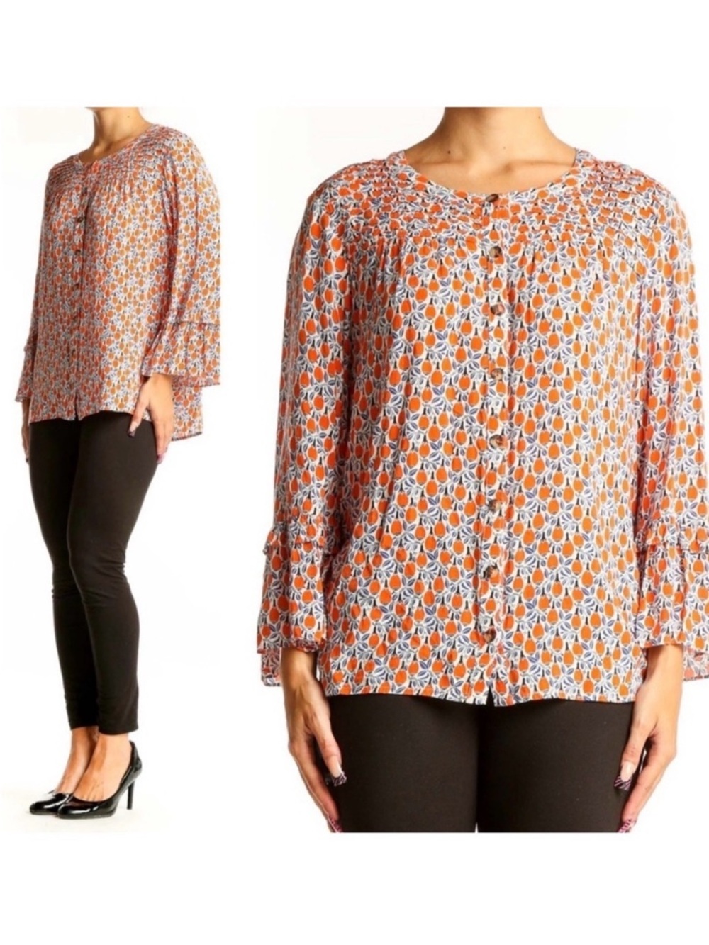 Maeve Anthropologie floral
Blouse orange blue white print button down pin tuck